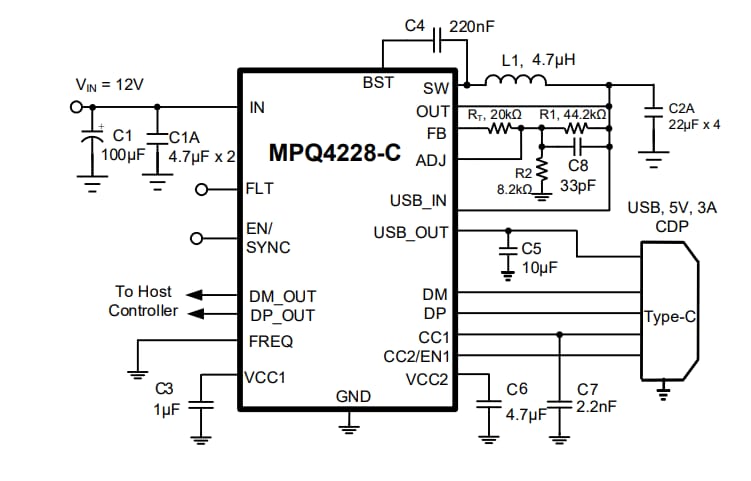 Application Circuit Diagram - Monolithic Power Systems (MPS) MPQ4228-C Step-Down Converter with Charging Port